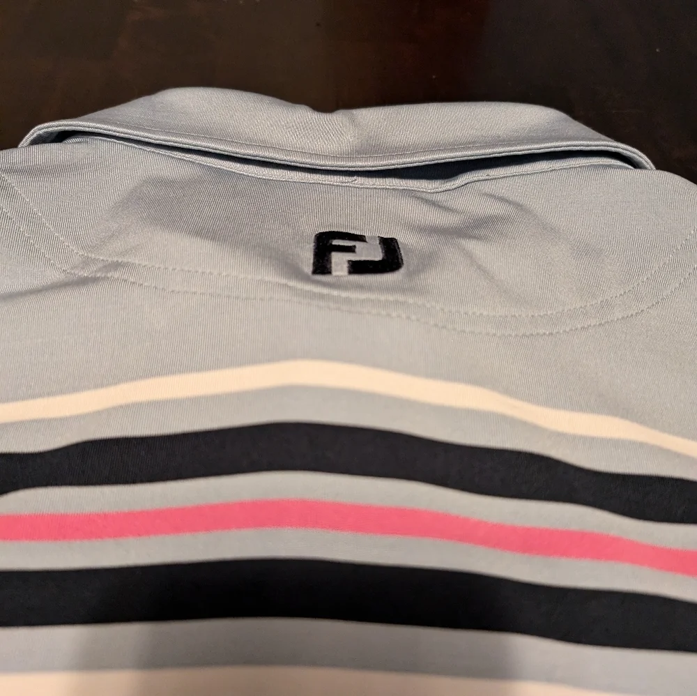 FootJoy Mens L Polo/Golf Shirt. Blueish Grey w/Pink/Navy/White Stripes - Picture 3 of 6